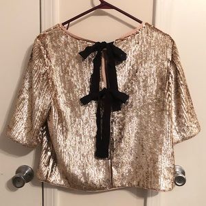 J. Crew Rose Gold Sequin Top with Black Bow Accents and Keyhole Back